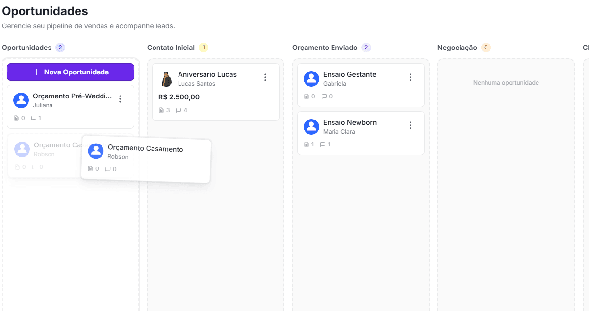 Pipeline de Vendas da Mekan Foto Pipeline de Vendas - Quadro Kanban com oportunidades organizadas por etapa